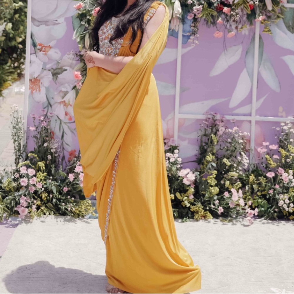 Embroidered Yellow drape saree - Pre pleaded